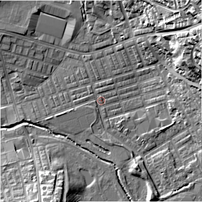 Shaded relief map of the ground around BB104EN, computed from Environment Agency LiDAR. The ground here sits at about 118 m above sea level and falls 37 m across the surrounding 800 m. Surface water reaching this point runs off ground lying to the north-east, 29.6 m higher.