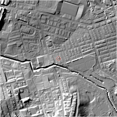 Shaded relief map of the ground around BB104EQ, computed from Environment Agency LiDAR. The ground here sits at about 117 m above sea level and falls 22 m across the surrounding 800 m. Surface water reaching this point runs off ground lying to the south-south-east, 1.0 m higher.