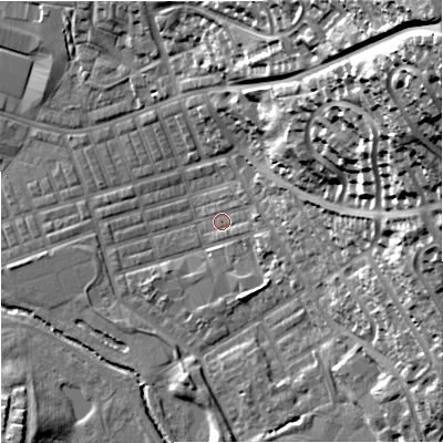Shaded relief map of the ground around BB104ER, computed from Environment Agency LiDAR. The ground here sits at about 118 m above sea level and falls 57 m across the surrounding 800 m. Surface water reaching this point runs off ground lying to the north-east, 55.1 m higher.