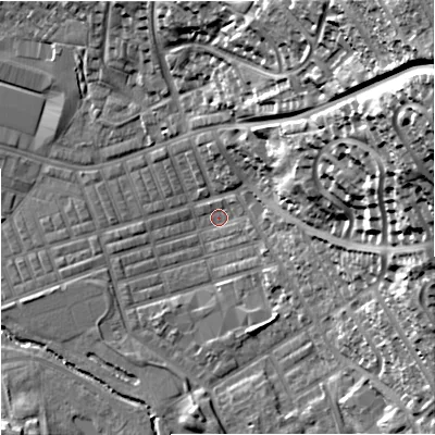 Shaded relief map of the ground around BB104ES, computed from Environment Agency LiDAR. The ground here sits at about 118 m above sea level and falls 57 m across the surrounding 800 m. Surface water reaching this point runs off ground lying to the east-north-east, 54.3 m higher.