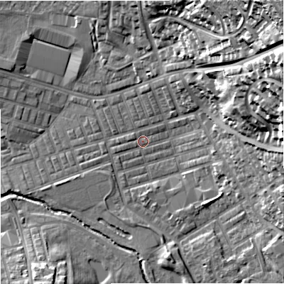 Shaded relief map of the ground around BB104ET, computed from Environment Agency LiDAR. The ground here sits at about 117 m above sea level and falls 49 m across the surrounding 800 m. Surface water reaching this point runs off ground lying to the east-north-east, 39.1 m higher.