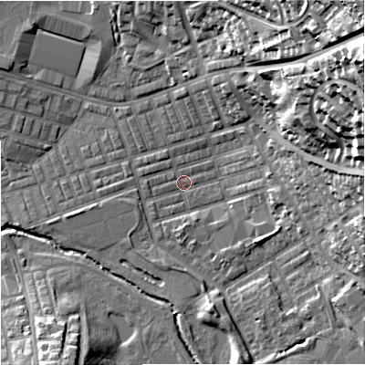 Shaded relief map of the ground around BB104EW, computed from Environment Agency LiDAR. The ground here sits at about 117 m above sea level and falls 47 m across the surrounding 800 m. Surface water reaching this point runs off ground lying to the north-east, 41.3 m higher.