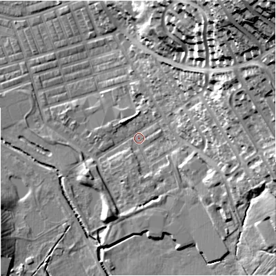 Shaded relief map of the ground around BB104LL, computed from Environment Agency LiDAR. The ground here sits at about 118 m above sea level and falls 54 m across the surrounding 800 m. Surface water reaching this point runs off ground lying to the north-east, 50.1 m higher.