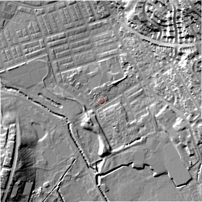 Shaded relief map of the ground around BB104LN, computed from Environment Agency LiDAR. The ground here sits at about 118 m above sea level and falls 48 m across the surrounding 800 m. Surface water reaching this point runs off ground lying to the east-north-east, 29.1 m higher.