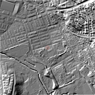 Shaded relief map of the ground around BB104LP, computed from Environment Agency LiDAR. The ground here sits at about 117 m above sea level and falls 52 m across the surrounding 800 m. Surface water reaching this point runs off ground lying to the north-east, 49.6 m higher.