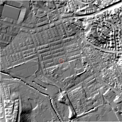 Shaded relief map of the ground around BB104LR, computed from Environment Agency LiDAR. The ground here sits at about 117 m above sea level and falls 51 m across the surrounding 800 m. Surface water reaching this point runs off ground lying to the north-east, 48.0 m higher.
