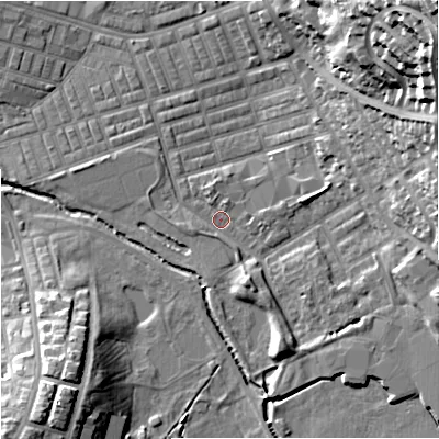 Shaded relief map of the ground around BB104LW, computed from Environment Agency LiDAR. The ground here sits at about 117 m above sea level and falls 40 m across the surrounding 800 m. Surface water reaching this point runs off ground lying to the east-north-east, 19.0 m higher.