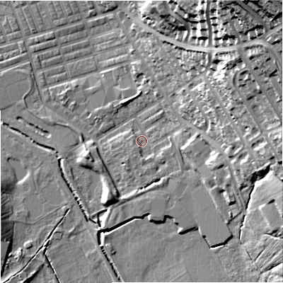 Shaded relief map of the ground around BB104LY, computed from Environment Agency LiDAR. The ground here sits at about 118 m above sea level and falls 47 m across the surrounding 800 m. Surface water reaching this point runs off ground lying to the north-east, 36.5 m higher.