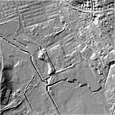 Shaded relief map of the ground around BB104LZ, computed from Environment Agency LiDAR. The ground here sits at about 119 m above sea level and falls 39 m across the surrounding 800 m. Surface water reaching this point runs off ground lying to the south-south-west, 4.1 m higher.