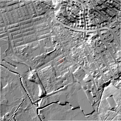 Shaded relief map of the ground around BB104PH, computed from Environment Agency LiDAR. The ground here sits at about 119 m above sea level and falls 56 m across the surrounding 800 m. Surface water reaching this point runs off ground lying to the east-north-east, 32.3 m higher.