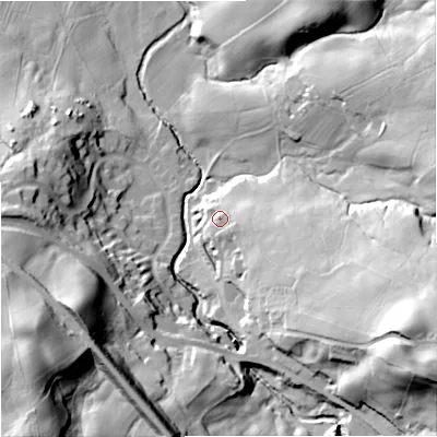 Shaded relief map of the ground around BB104SL, computed from Environment Agency LiDAR. The ground here sits at about 150 m above sea level and falls 66 m across the surrounding 800 m. Surface water reaching this point runs off ground lying to the east-south-east, 10.3 m higher.