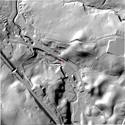 Shaded relief map of the ground around BB104SN, computed from Environment Agency LiDAR. The ground here sits at about 157 m above sea level and falls 101 m across the surrounding 800 m. Surface water reaching this point runs off ground lying to the east, 48.8 m higher.