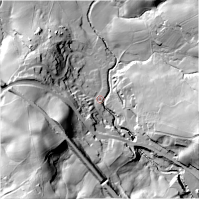 Shaded relief map of the ground around BB104TY, computed from Environment Agency LiDAR. The ground here sits at about 144 m above sea level and falls 70 m across the surrounding 800 m. Surface water reaching this point runs off ground lying to the south-west, 63.0 m higher.