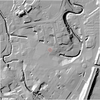 Shaded relief map of the ground around BB111AE, computed from Environment Agency LiDAR. The ground here sits at about 112 m above sea level and falls 31 m across the surrounding 800 m. Surface water reaching this point runs off ground lying to the east-south-east, 21.5 m higher.