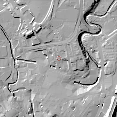 Shaded relief map of the ground around BB111AP, computed from Environment Agency LiDAR. The ground here sits at about 116 m above sea level and falls 28 m across the surrounding 800 m. Surface water reaching this point runs off ground lying to the north-north-east, 7.5 m higher.