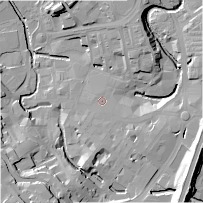 Shaded relief map of the ground around BB111BA, computed from Environment Agency LiDAR. The ground here sits at about 113 m above sea level and falls 36 m across the surrounding 800 m. Surface water reaching this point runs off ground lying to the east-south-east, 7.0 m higher.