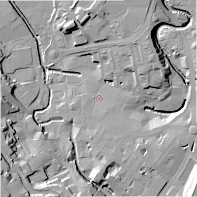 Shaded relief map of the ground around BB111BB, computed from Environment Agency LiDAR. The ground here sits at about 111 m above sea level and falls 34 m across the surrounding 800 m. Surface water reaching this point runs off ground lying to the south-south-east, 2.9 m higher.