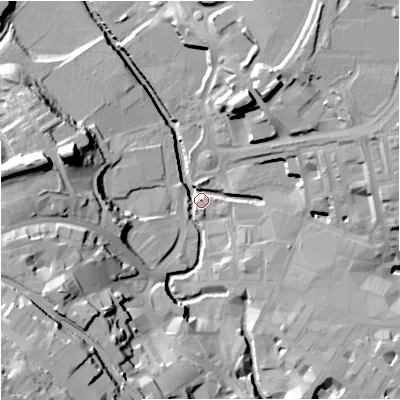 Shaded relief map of the ground around BB111BP, computed from Environment Agency LiDAR. The ground here sits at about 107 m above sea level and falls 41 m across the surrounding 800 m. Surface water reaching this point runs off ground lying to the south-west, 32.1 m higher.