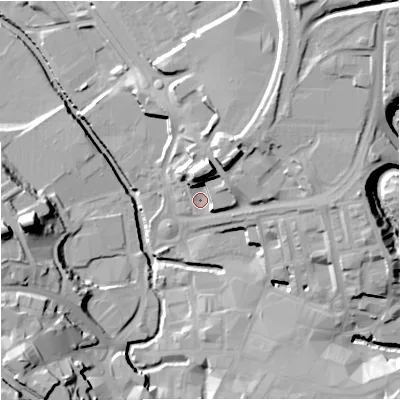 Shaded relief map of the ground around BB111BS, computed from Environment Agency LiDAR. The ground here sits at about 110 m above sea level and falls 35 m across the surrounding 800 m. Surface water reaching this point runs off ground lying to the north-north-east, 15.4 m higher.