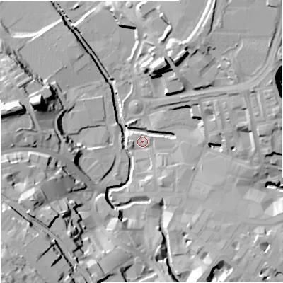 Shaded relief map of the ground around BB111BW, computed from Environment Agency LiDAR. The ground here sits at about 108 m above sea level and falls 40 m across the surrounding 800 m. Surface water reaching this point runs off ground lying to the east-north-east, 19.6 m higher.
