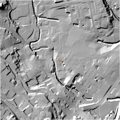 Shaded relief map of the ground around BB111DD, computed from Environment Agency LiDAR. The ground here sits at about 112 m above sea level and falls 56 m across the surrounding 800 m. Surface water reaching this point runs off ground lying to the south-east, 4.7 m higher.