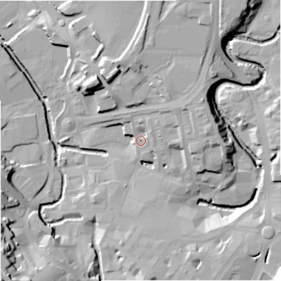 Shaded relief map of the ground around BB111DF, computed from Environment Agency LiDAR. The ground here sits at about 113 m above sea level and falls 30 m across the surrounding 800 m. Surface water reaching this point runs off ground lying to the north-north-east, 7.1 m higher.