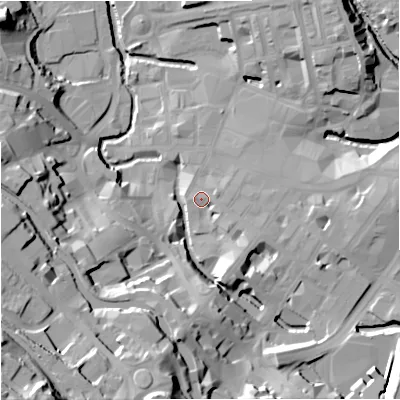 Shaded relief map of the ground around BB111DZ, computed from Environment Agency LiDAR. The ground here sits at about 112 m above sea level and falls 56 m across the surrounding 800 m. Surface water reaching this point runs off ground lying to the south-east, 4.5 m higher.