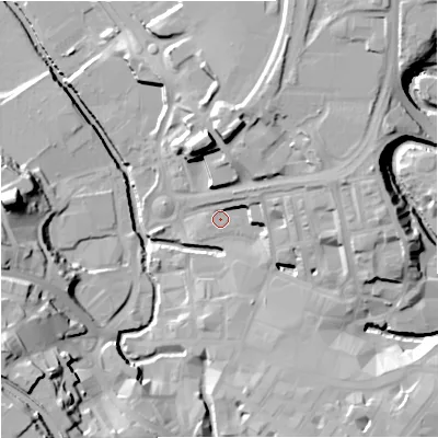 Shaded relief map of the ground around BB111FB, computed from Environment Agency LiDAR. The ground here sits at about 109 m above sea level and falls 35 m across the surrounding 800 m. Surface water reaching this point runs off ground lying to the east-north-east, 13.3 m higher.