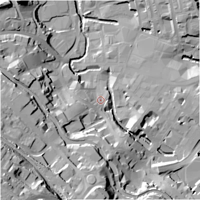Shaded relief map of the ground around BB111LN, computed from Environment Agency LiDAR. The ground here sits at about 112 m above sea level and falls 63 m across the surrounding 800 m. Surface water reaching this point runs off ground lying to the south-west, 53.6 m higher.