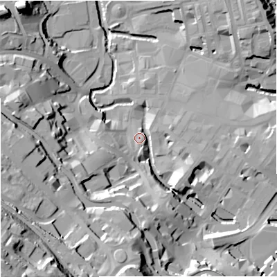 Shaded relief map of the ground around BB111LT, computed from Environment Agency LiDAR. The ground here sits at about 111 m above sea level and falls 61 m across the surrounding 800 m. Surface water reaching this point runs off ground lying to the south-west, 53.4 m higher.