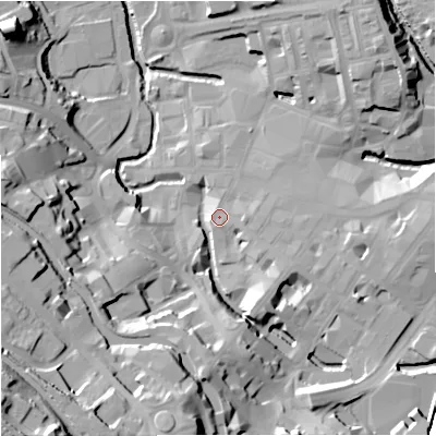 Shaded relief map of the ground around BB111NA, computed from Environment Agency LiDAR. The ground here sits at about 112 m above sea level and falls 57 m across the surrounding 800 m. Surface water reaching this point runs off ground lying to the south, 15.7 m higher.