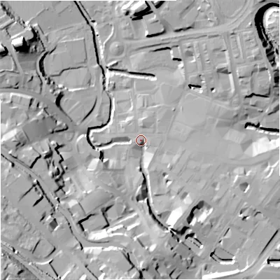 Shaded relief map of the ground around BB111NL, computed from Environment Agency LiDAR. The ground here sits at about 110 m above sea level and falls 57 m across the surrounding 800 m. Surface water reaching this point runs off ground lying to the south-west, 50.3 m higher.