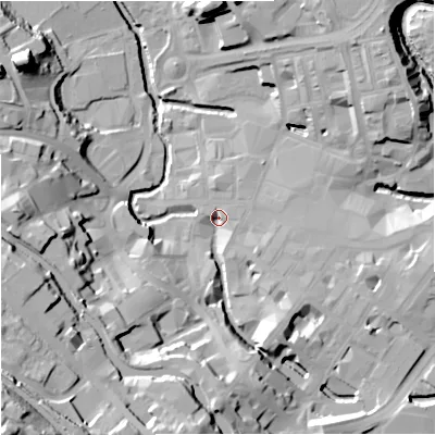 Shaded relief map of the ground around BB111NU, computed from Environment Agency LiDAR. The ground here sits at about 108 m above sea level and falls 58 m across the surrounding 800 m. Surface water reaching this point runs off ground lying to the south-west, 51.6 m higher.