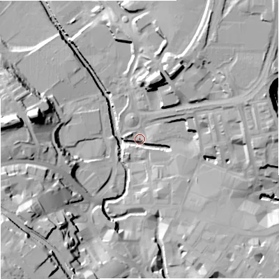 Shaded relief map of the ground around BB111NY, computed from Environment Agency LiDAR. The ground here sits at about 107 m above sea level and falls 38 m across the surrounding 800 m. Surface water reaching this point runs off ground lying to the east-north-east, 19.8 m higher.