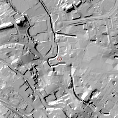 Shaded relief map of the ground around BB111PD, computed from Environment Agency LiDAR. The ground here sits at about 108 m above sea level and falls 59 m across the surrounding 800 m. Surface water reaching this point runs off ground lying to the south-west, 38.8 m higher.