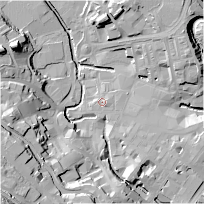Shaded relief map of the ground around BB111PJ, computed from Environment Agency LiDAR. The ground here sits at about 111 m above sea level and falls 52 m across the surrounding 800 m. Surface water reaching this point runs off ground lying to the east-south-east, 1.5 m higher.