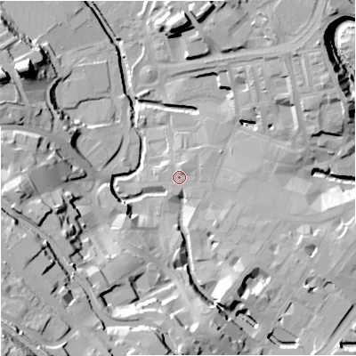 Shaded relief map of the ground around BB111PP, computed from Environment Agency LiDAR. The ground here sits at about 111 m above sea level and falls 54 m across the surrounding 800 m. Surface water reaching this point runs off ground lying to the east-south-east, 2.0 m higher.