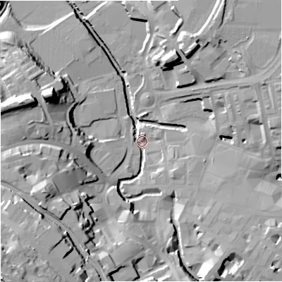 Shaded relief map of the ground around BB111PQ, computed from Environment Agency LiDAR. The ground here sits at about 107 m above sea level and falls 44 m across the surrounding 800 m. Surface water reaching this point runs off ground lying to the south-west, 29.7 m higher.