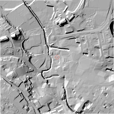 Shaded relief map of the ground around BB111PW, computed from Environment Agency LiDAR. The ground here sits at about 108 m above sea level and falls 43 m across the surrounding 800 m. Surface water reaching this point runs off ground lying to the south-south-east, 4.9 m higher.
