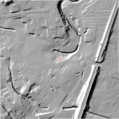 Shaded relief map of the ground around BB111QJ, computed from Environment Agency LiDAR. The ground here sits at about 113 m above sea level and falls 32 m across the surrounding 800 m. Surface water reaching this point runs off ground lying to the east-south-east, 20.9 m higher.