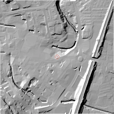 Shaded relief map of the ground around BB111QL, computed from Environment Agency LiDAR. The ground here sits at about 114 m above sea level and falls 33 m across the surrounding 800 m. Surface water reaching this point runs off ground lying to the east-south-east, 20.9 m higher.