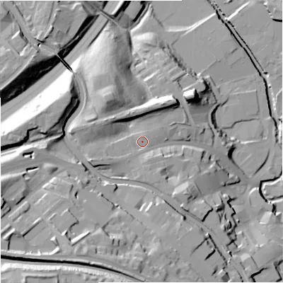 Shaded relief map of the ground around BB111RZ, computed from Environment Agency LiDAR. The ground here sits at about 125 m above sea level and falls 53 m across the surrounding 800 m. Surface water reaching this point runs off ground lying to the west-south-west, 6.9 m higher.