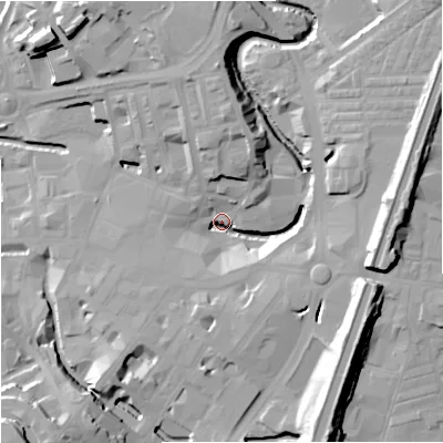 Shaded relief map of the ground around BB111UH, computed from Environment Agency LiDAR. The ground here sits at about 113 m above sea level and falls 28 m across the surrounding 800 m. Surface water reaching this point runs off ground lying to the south-east, 21.5 m higher.