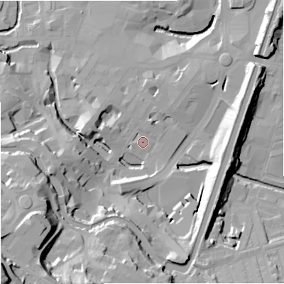 Shaded relief map of the ground around BB112BT, computed from Environment Agency LiDAR. The ground here sits at about 114 m above sea level and falls 52 m across the surrounding 800 m. Surface water reaching this point runs off ground lying to the south-west, 36.6 m higher.