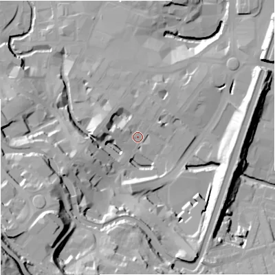 Shaded relief map of the ground around BB112BU, computed from Environment Agency LiDAR. The ground here sits at about 114 m above sea level and falls 56 m across the surrounding 800 m. Surface water reaching this point runs off ground lying to the south-west, 38.0 m higher.