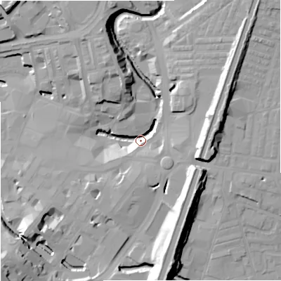 Shaded relief map of the ground around BB112DE, computed from Environment Agency LiDAR. The ground here sits at about 111 m above sea level and falls 24 m across the surrounding 800 m. Surface water reaching this point runs off ground lying to the south-east, 20.7 m higher.