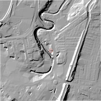 Shaded relief map of the ground around BB112DL, computed from Environment Agency LiDAR. The ground here sits at about 115 m above sea level and falls 27 m across the surrounding 800 m. Surface water reaching this point runs off ground lying to the north-east, 22.4 m higher.