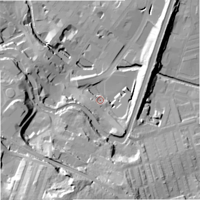 Shaded relief map of the ground around BB112HE, computed from Environment Agency LiDAR. The ground here sits at about 120 m above sea level and falls 65 m across the surrounding 800 m. Surface water reaching this point runs off ground lying to the south-south-west, 7.4 m higher.