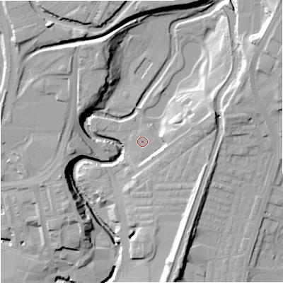 Shaded relief map of the ground around BB112RJ, computed from Environment Agency LiDAR. The ground here sits at about 118 m above sea level and falls 31 m across the surrounding 800 m. Surface water reaching this point runs off ground lying to the east-north-east, 9.7 m higher.
