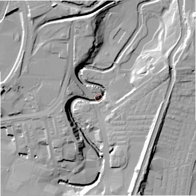 Shaded relief map of the ground around BB112RS, computed from Environment Agency LiDAR. The ground here sits at about 114 m above sea level and falls 29 m across the surrounding 800 m. Surface water reaching this point runs off ground lying to the north-east, 22.7 m higher.